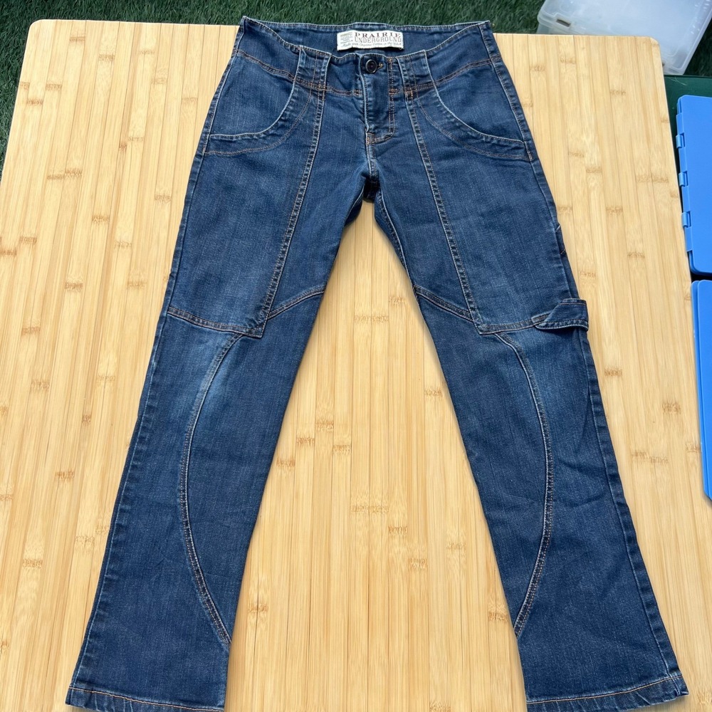 Y2K Prairie Underground Blue Organic Cotton Denim Cargo Jeans Size 28 Made USA - Picture 1 of 10